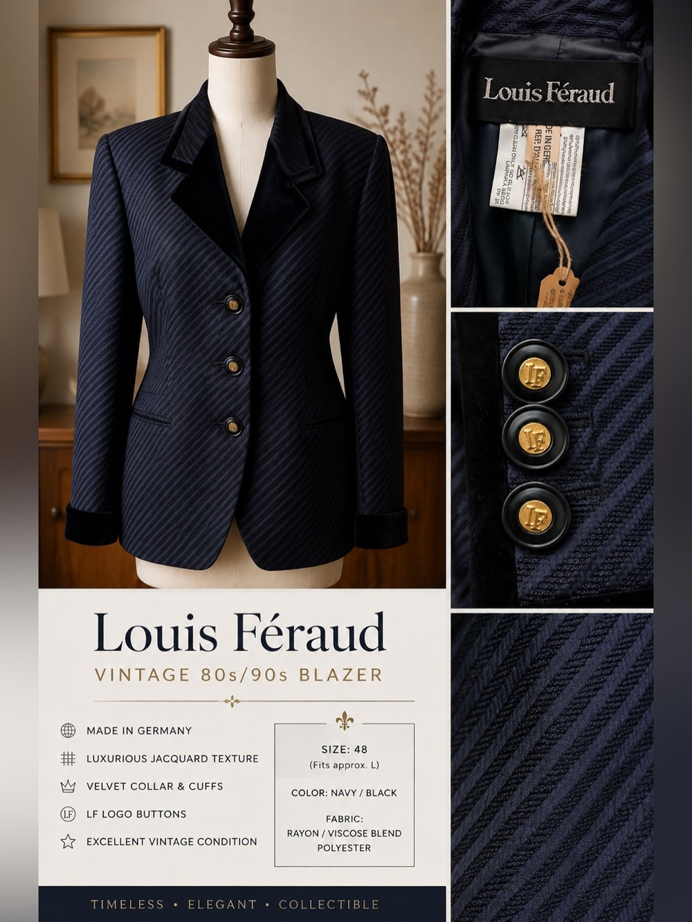 Vintage Louis Féraud Germany Navy Jacquard Velvet Trim Blazer | Designer 90s